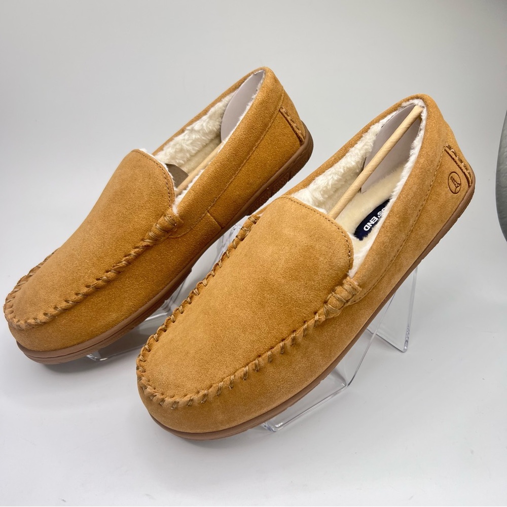 NWT Lands’ End Men’s English Tan Suede Leather Faux Fur Lined Moccasin Slippers - Picture 9 of 15